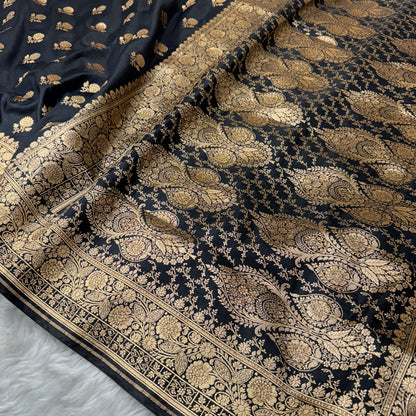 Black Banarasi Satin Silk Saree With Swarovski Work - BN61