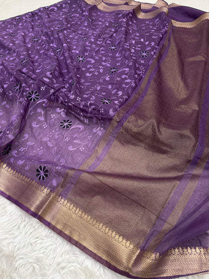 Purple Mul Chanderi Chikankari Saree