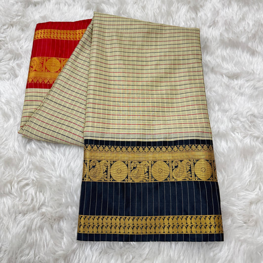 Black and Red Border Cream Checked Pattern Kanjivaram Semi Soft Silk Saree
