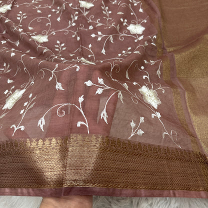 Mauve Brown Mul Chanderi Chikankari Saree