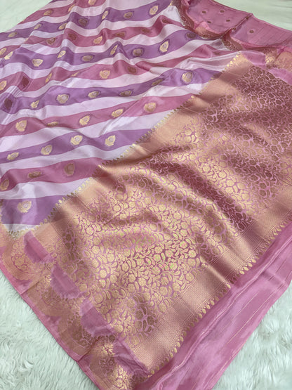 Lavender Rangkaat Banarasi Organza Crepe Silk Saree