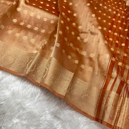 Rust Orange Banarasi Tissue Silk Saree