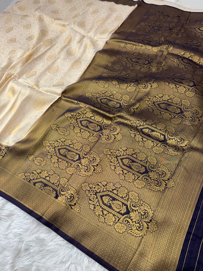 Off White to Navy Blue Kanjivaram Soft Silk Saree