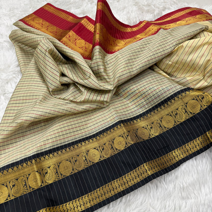 Black and Red Border Cream Checked Pattern Kanjivaram Semi Soft Silk Saree