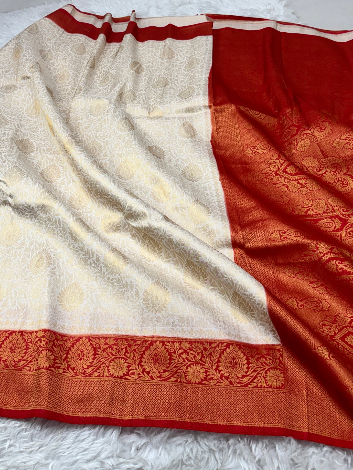 Off White to Red Kanjivaram Soft Silk Saree
