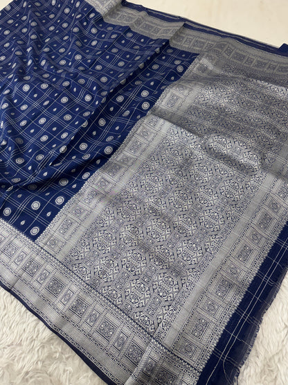 Navy Blue Banarasi Crepe Georgette Saree
