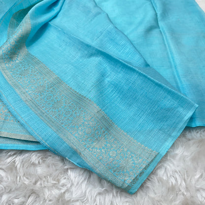 Off White to Sky Blue Banarasi Meenakari Jaal Semi Tussar Silk Saree