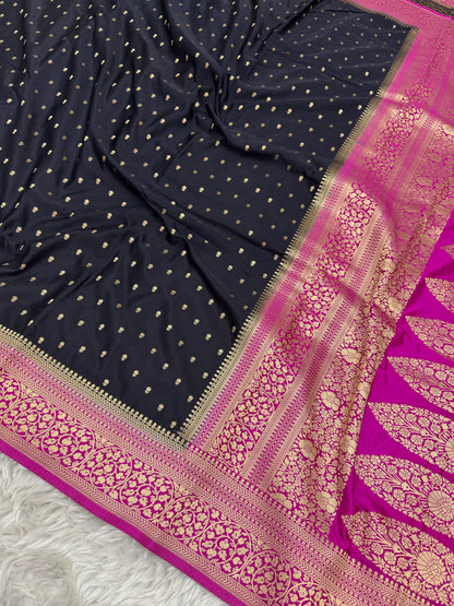 Black to Rani Pink Banarasi Mashru Silk Saree