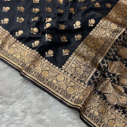 Black Banarasi Satin Silk Saree With Swarovski Work - BN61