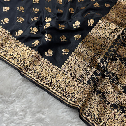 Black Banarasi Satin Silk Saree With Swarovski Work - BN61