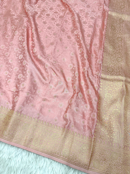 Peachish Pink Banarasi Mashru Silk Saree