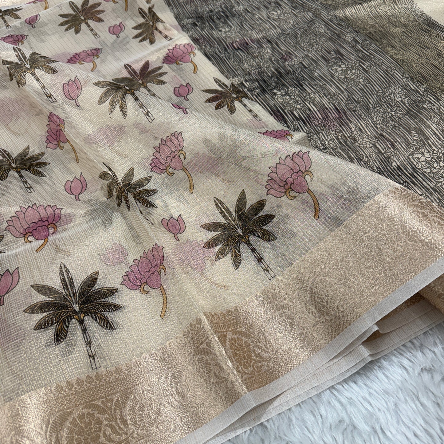 Beige Gold Banarasi Kota Check Tissue Silk Printed Saree