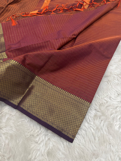 Rust Orange Semi Kanchipuram Silk Checks Saree