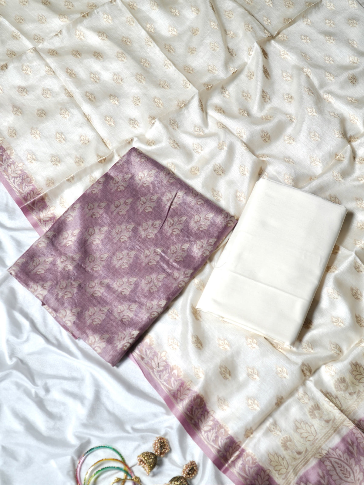 Dusty Mauve and Off White Banarasi Pure Tussar Silk Suit Set
