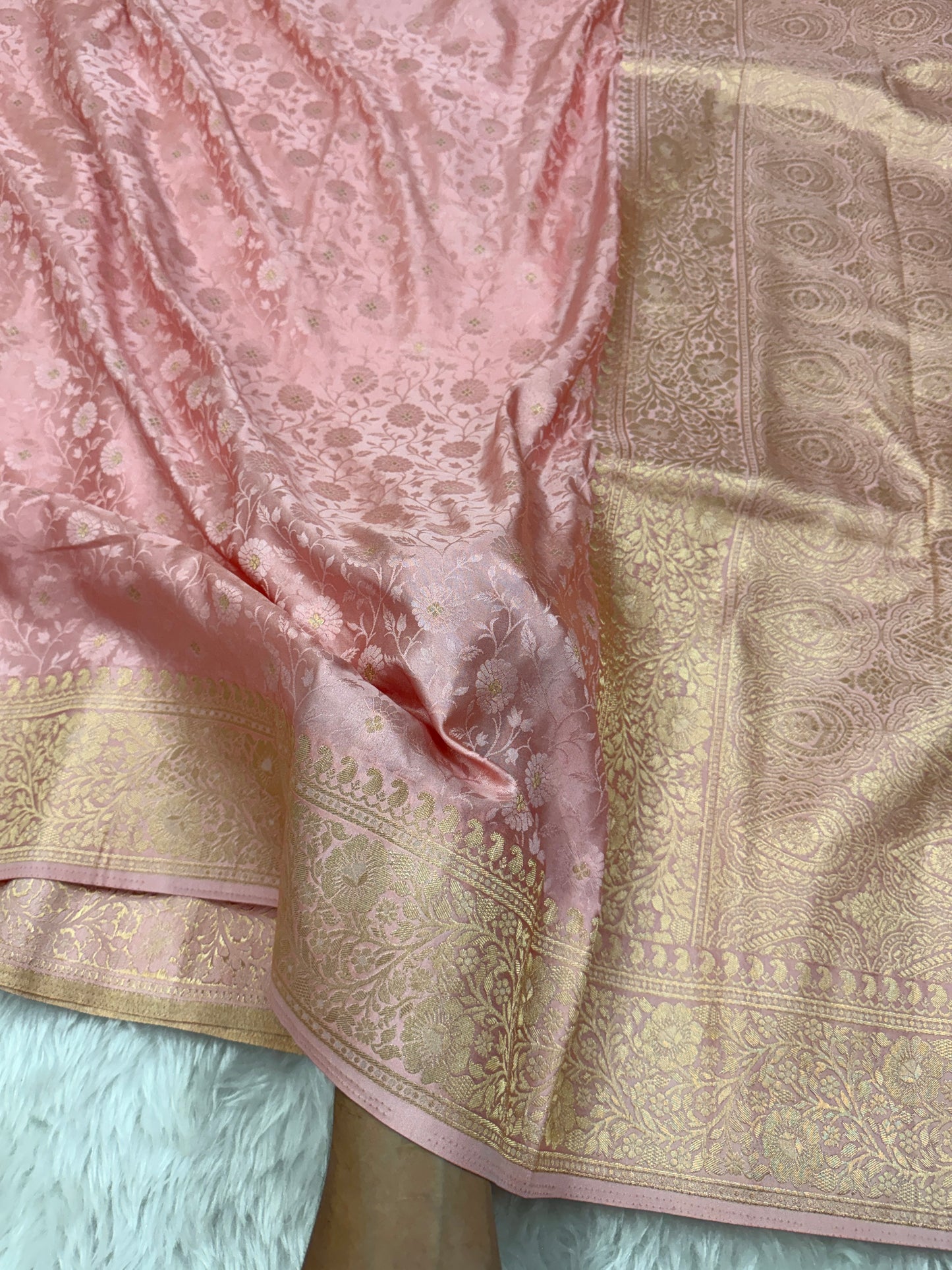 Peachish Pink Banarasi Mashru Silk Saree