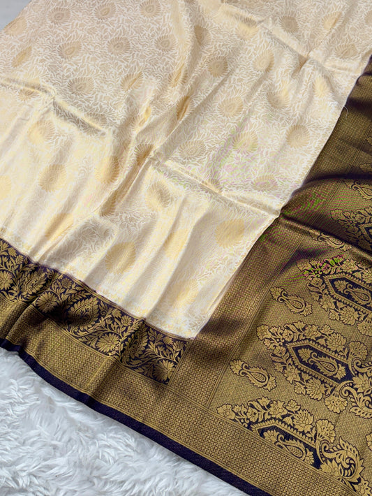 Off White to Navy Blue Kanjivaram Soft Silk Saree