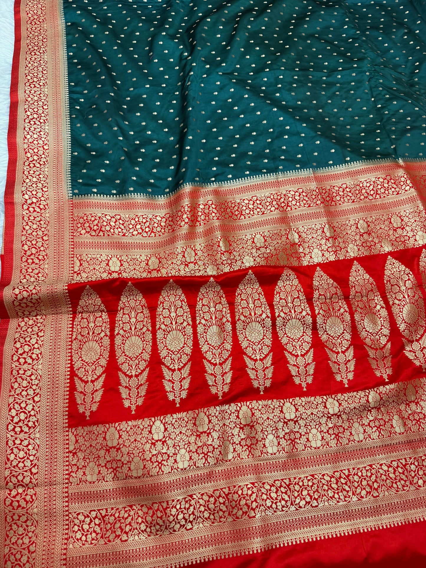 Emerald Green to Red Banarasi Mashru Silk Saree