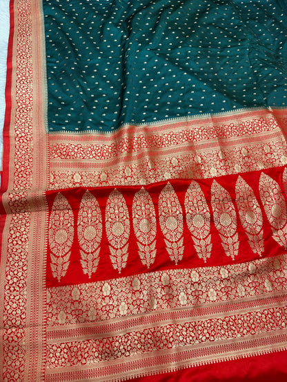 Emerald Green to Red Banarasi Mashru Silk Saree