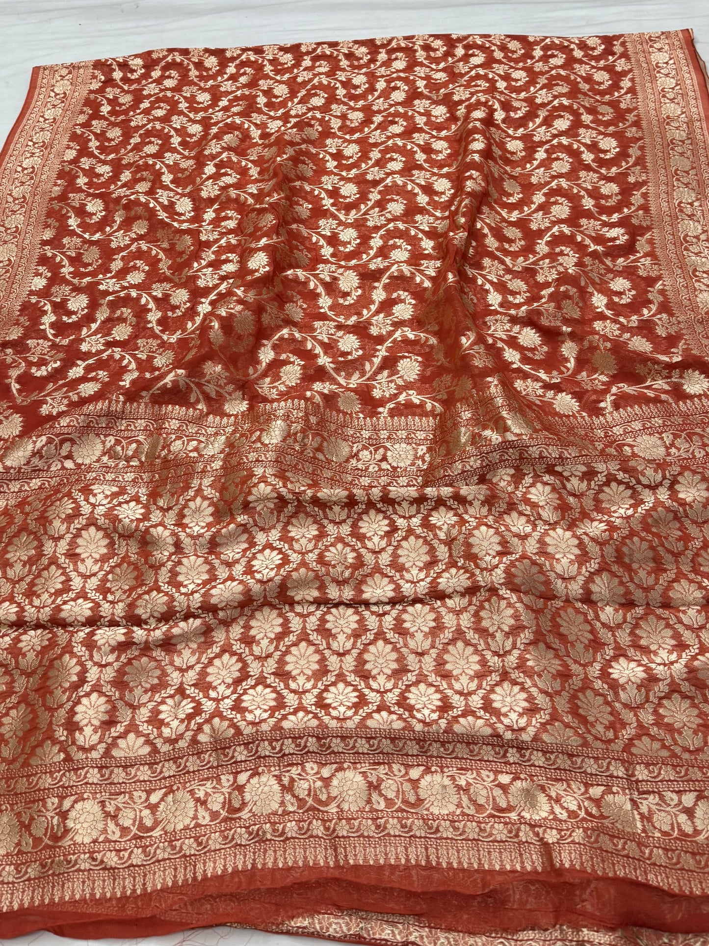 Rust Orange Banarasi Viscose Khaddi Georgette Saree