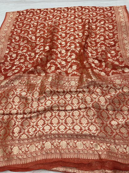 Rust Orange Banarasi Viscose Khaddi Georgette Saree