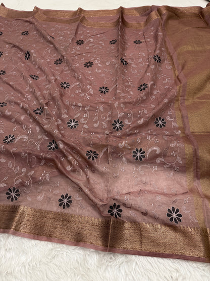 Mauve Brown Mul Chanderi Chikankari Saree