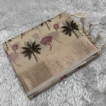 Beige Gold Banarasi Kota Check Tissue Silk Printed Saree