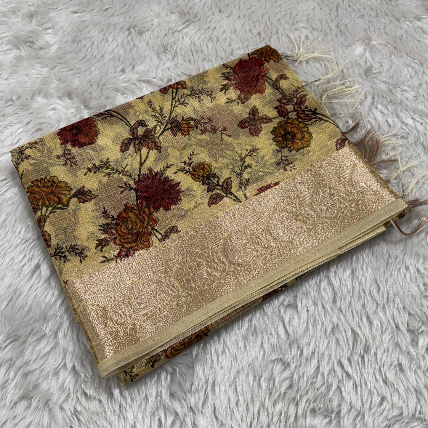 Lemon Yellow Banarasi Kota Check Tissue Silk Printed Saree