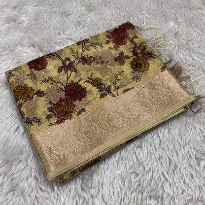 Lemon Yellow Banarasi Kota Check Tissue Silk Printed Saree