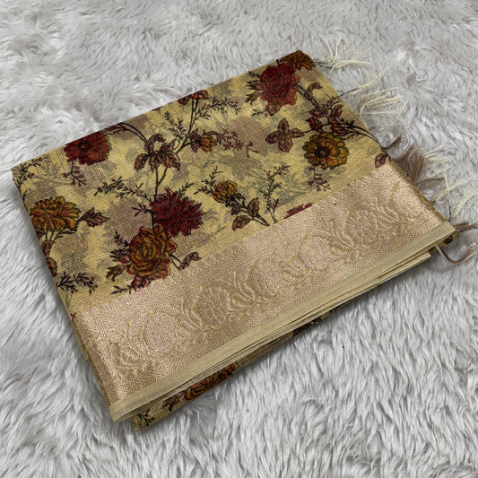 Lemon Yellow Banarasi Kota Check Tissue Silk Printed Saree