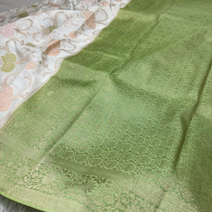 Off White to Mehendi Green Banarasi Meenakari Jaal Semi Tussar Silk Saree