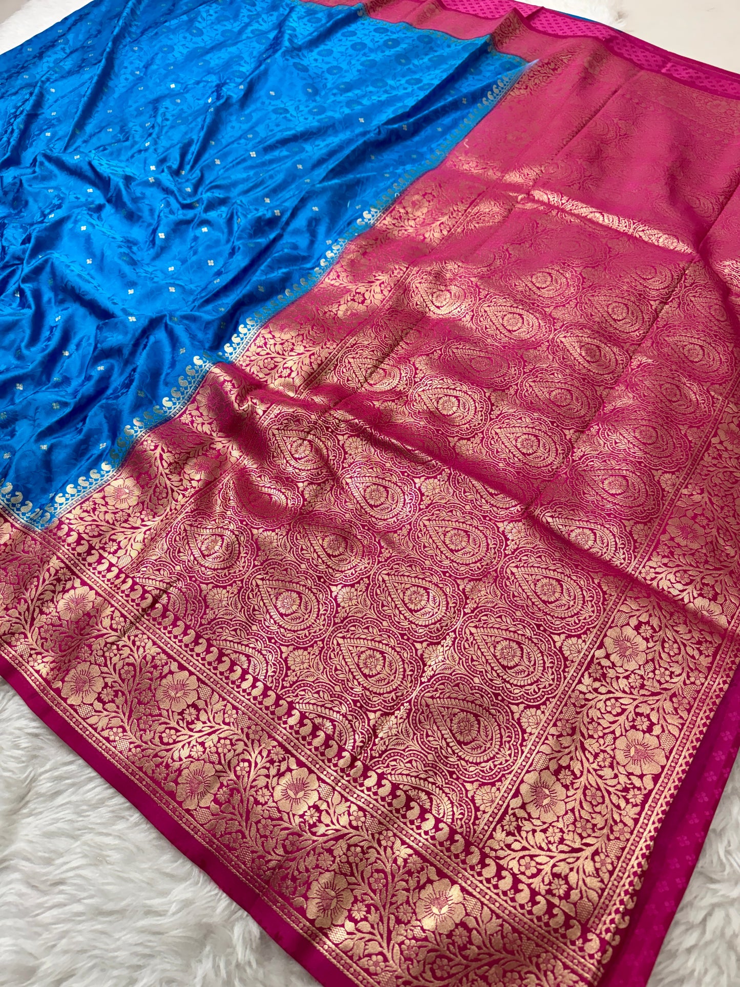 Electric Blue to Rani Pink Banarasi Mashru Silk Saree