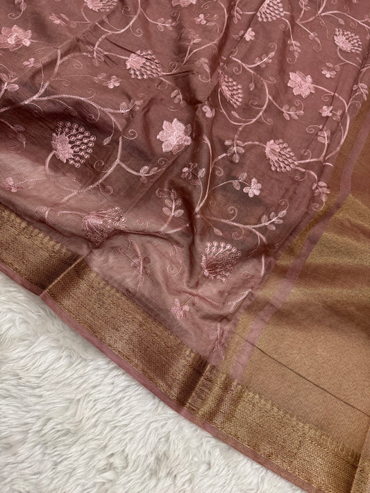 Mauve Brown Mul Chanderi Chikankari Saree