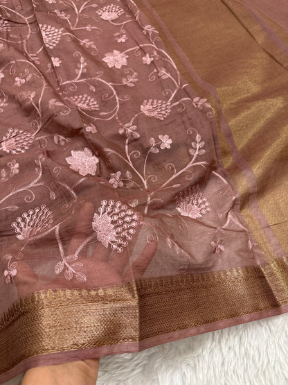Mauve Brown Mul Chanderi Chikankari Saree