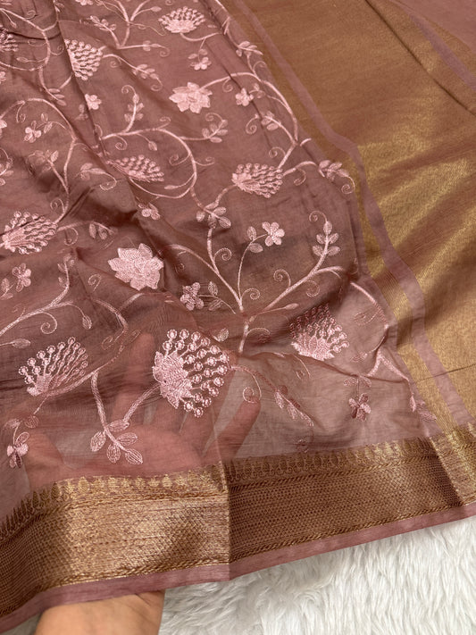 Mauve Brown Mul Chanderi Chikankari Saree