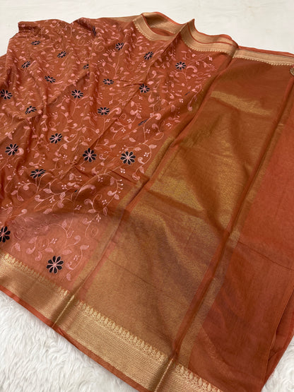 Rust Orange Mul Chanderi Chikankari Saree