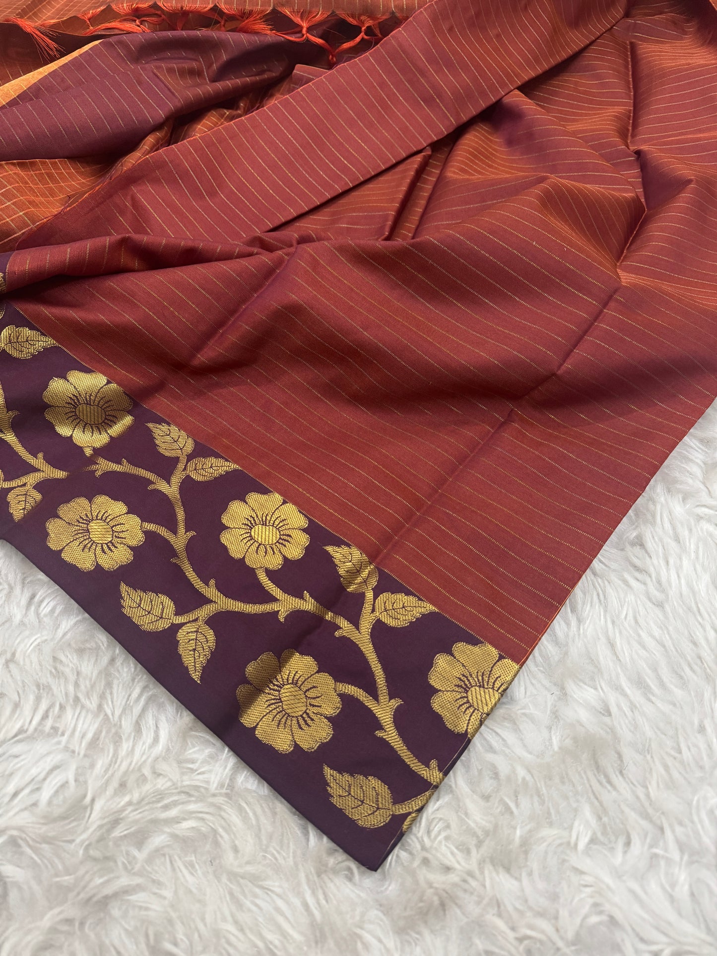 Rust Orange Semi Kanchipuram Silk Checks Saree
