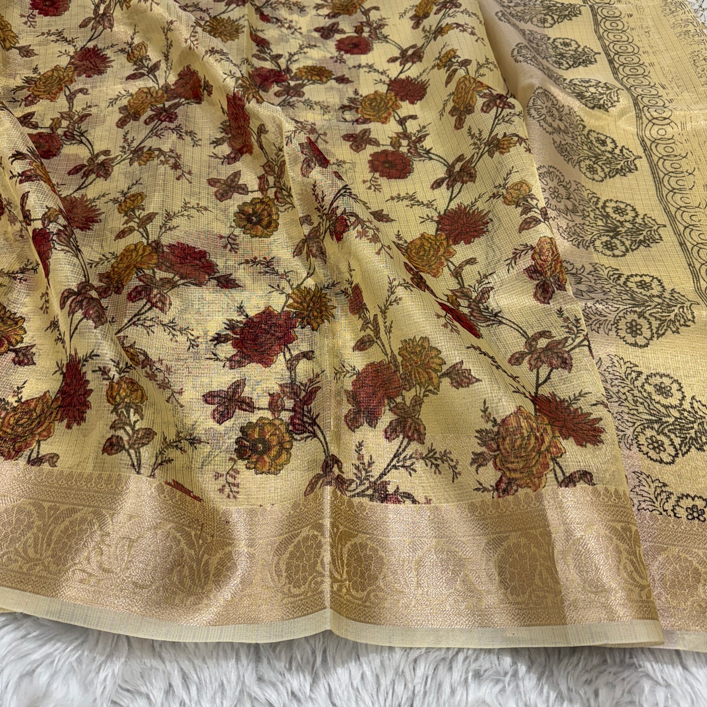 Lemon Yellow Banarasi Kota Check Tissue Silk Printed Saree