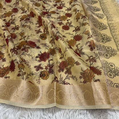 Lemon Yellow Banarasi Kota Check Tissue Silk Printed Saree