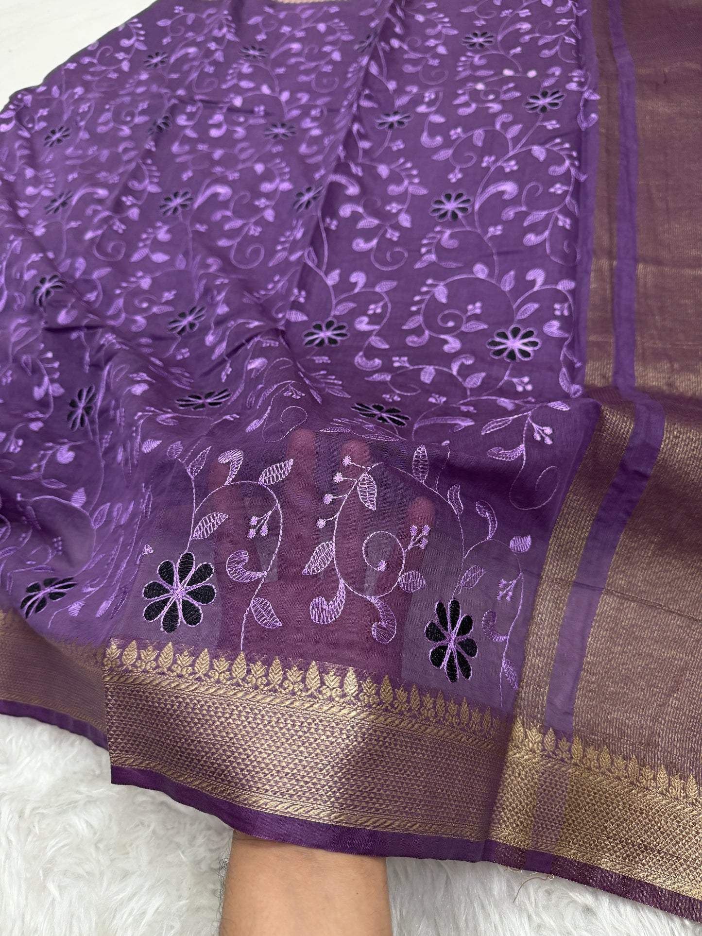 Purple Mul Chanderi Chikankari Saree