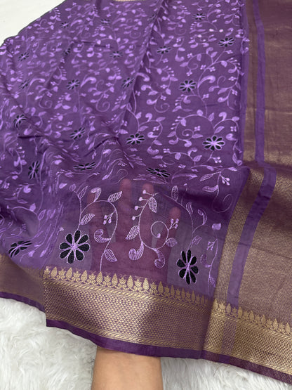 Purple Mul Chanderi Chikankari Saree