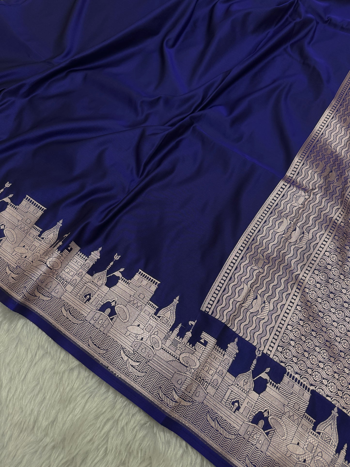 Deep Royal Blue Kashi Ghat Banarasi Satin Katan Silk Saree