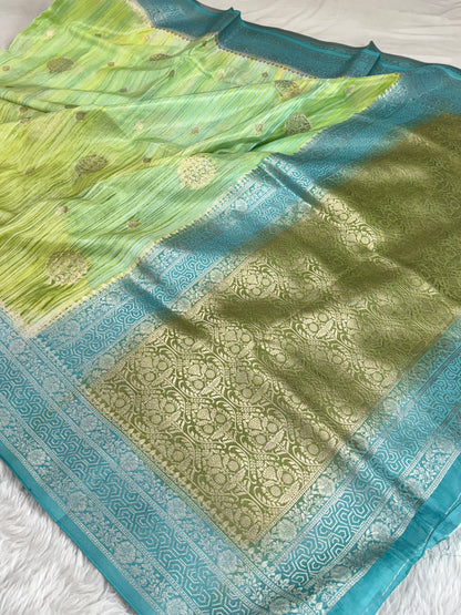 Lime Green and Ocean Teal Banarasi Handbrush Organza Crepe Silk Saree