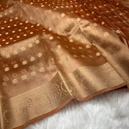 Rust Orange Banarasi Tissue Silk Saree