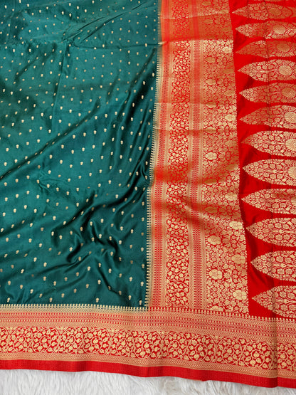 Emerald Green to Red Banarasi Mashru Silk Saree