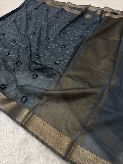 Charcoal Gray Mul Chanderi Chikankari Saree