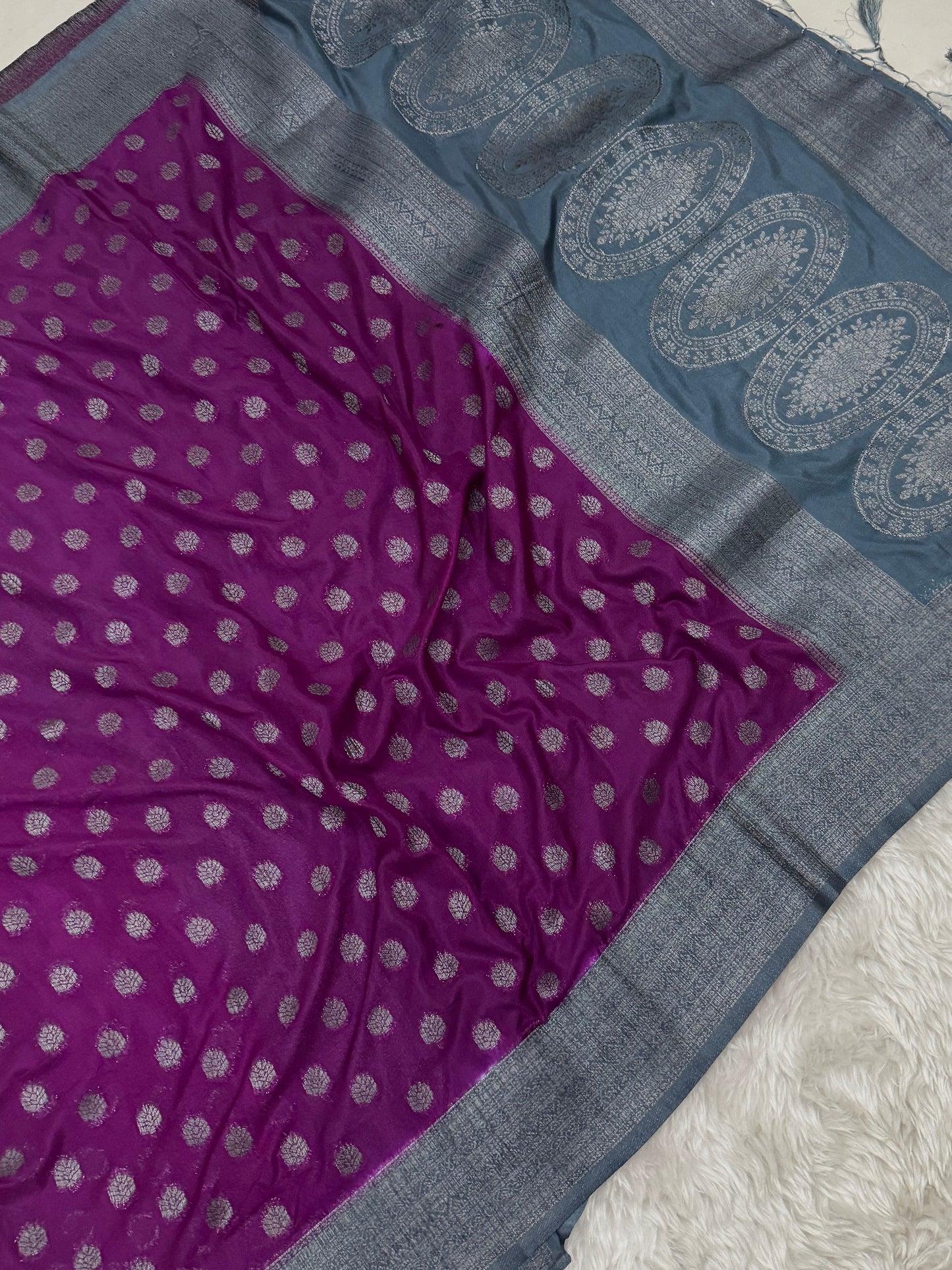 Wine to Grey Banarasi Crepe Georgette Saree