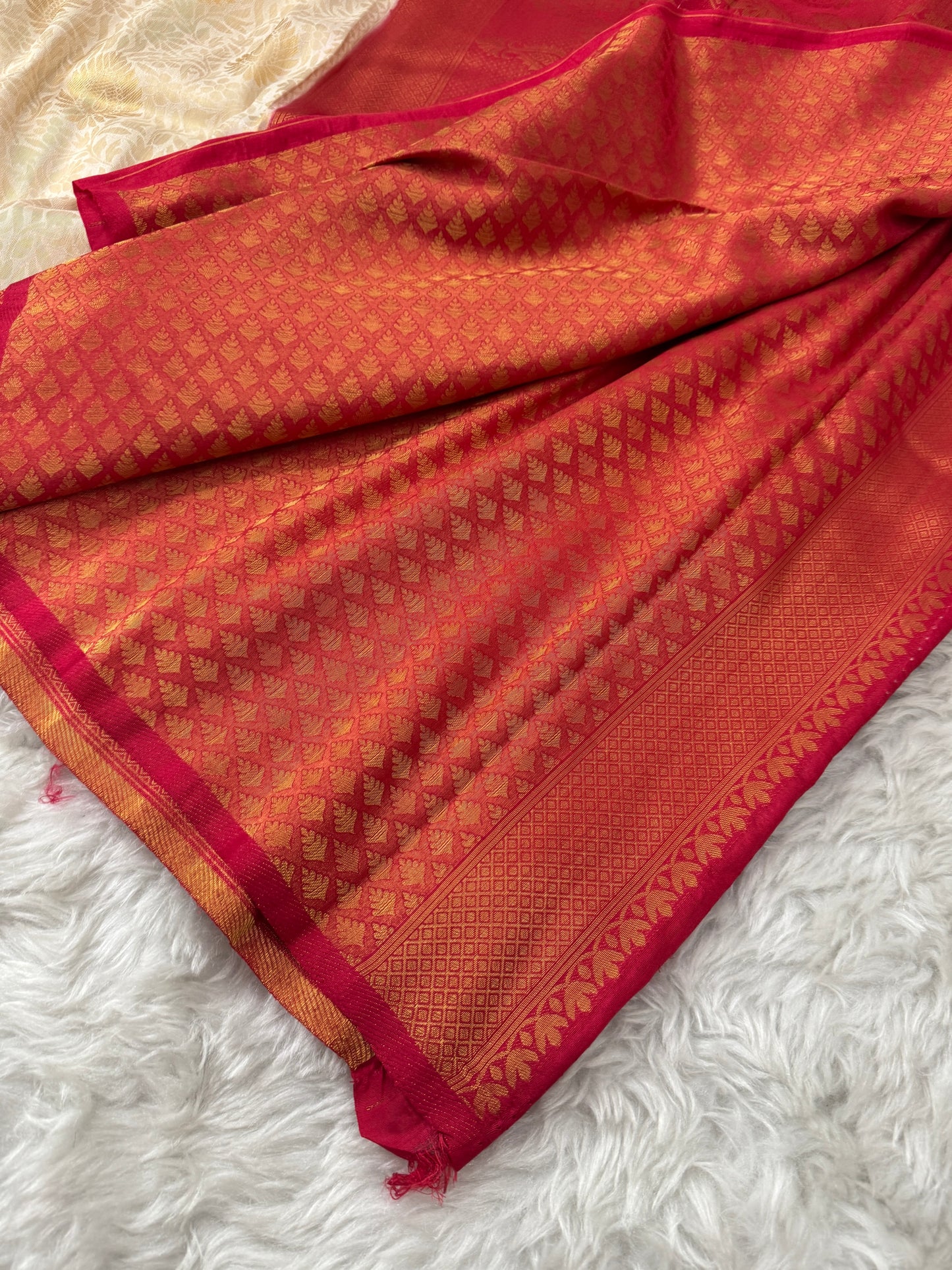 Off White to Rani Pink Kanjivaram Soft Silk Saree