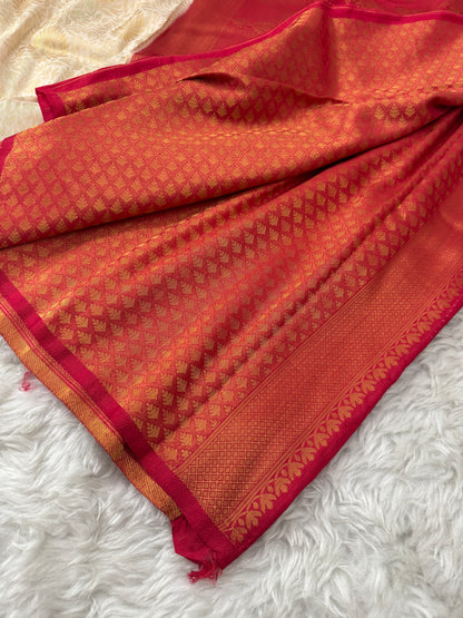 Off White to Rani Pink Kanjivaram Soft Silk Saree