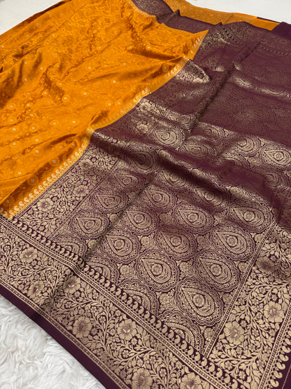 Mustard Yellow to Wine Banarasi Mashru Silk Saree