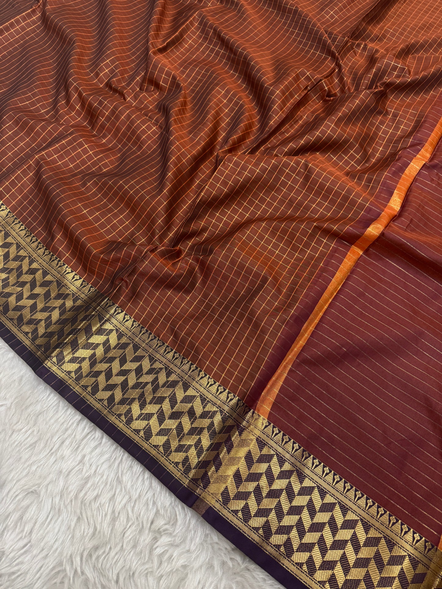 Rust Orange Semi Kanchipuram Silk Checks Saree